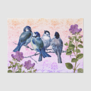 Papel De Seda Aves Azuis Vintage, Flores Música Laranja-Roxo