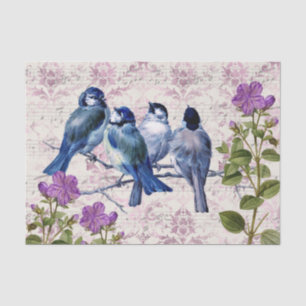 Papel De Seda Aves Azuis Vintage, Flores Roxas, Música Lavanda