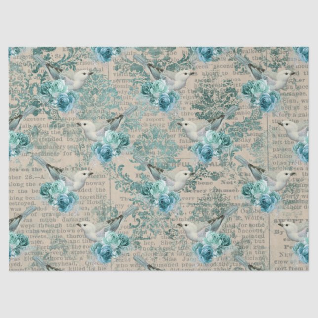 Papel De Seda Aves Brancas, Flores Azuis e Decoupage de Newsprin (Frente )