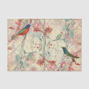 Papel De Seda Aves Coloridas Cantando em Flores Vermelhas