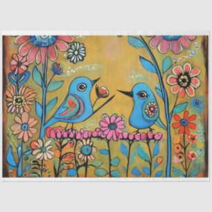 Papel De Seda Aves de arte folclórica com cores brilhantes e div