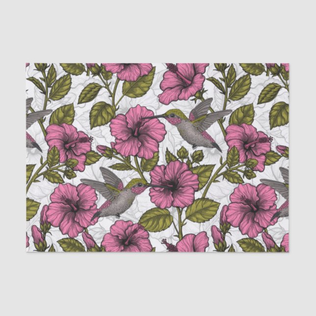 Papel De Seda Aves de capoeira e flores de hibisco rosa (Frente )