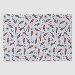 Papel De Seda Aves de inverno Cardeal Vermelho, Pinheiro e Berri