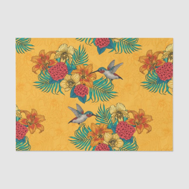 Papel De Seda Aves e buquês tropicais em amarelo (Frente )
