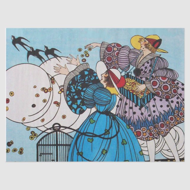 Papel De Seda AVES E SENHORAS DE primavera, FASHÃO DE BELEZA DE  (Frente )