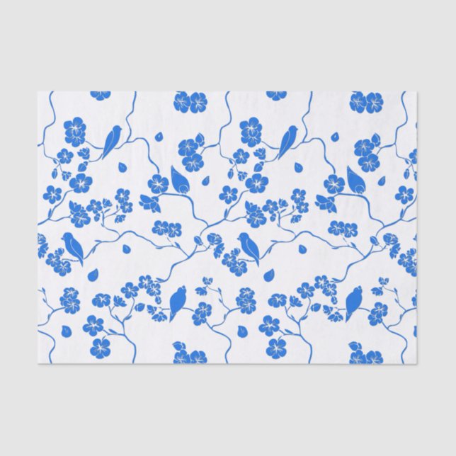 Papel De Seda Aves em Cherry Blossoms Blue Impressão (Frente )