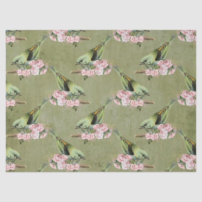 Papel De Seda Aves Verdes e Decoupage Floral Rosa (Frente )