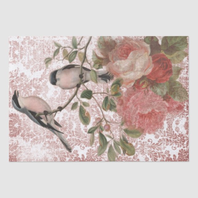 Papel De Seda Aves Vintage e Chiques Rosas (Frente )