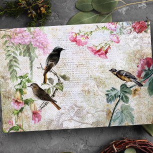 Papel De Seda Aves Vintage e Desnutação Floral de Ephemera