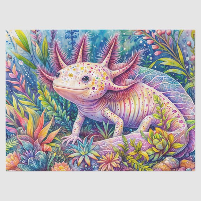 Papel De Seda Axolotl Aquarela Vibrante Arte Botânica (Frente )