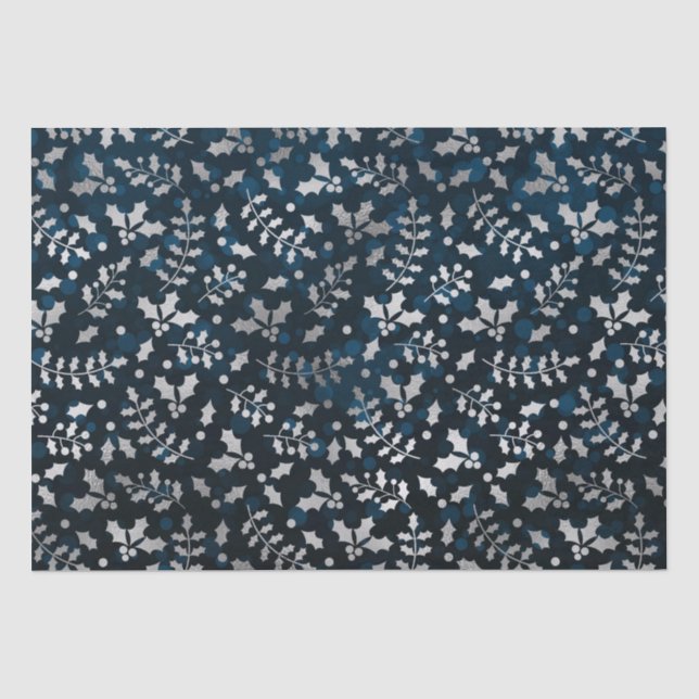 Papel De Seda Azeite Bokeh e Folha de Prata do Azevinho de Natal (Frente )