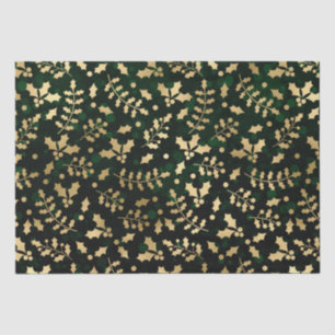 Papel De Seda Azevinho de Natal com Bokeh Verde e Folha de Ouro