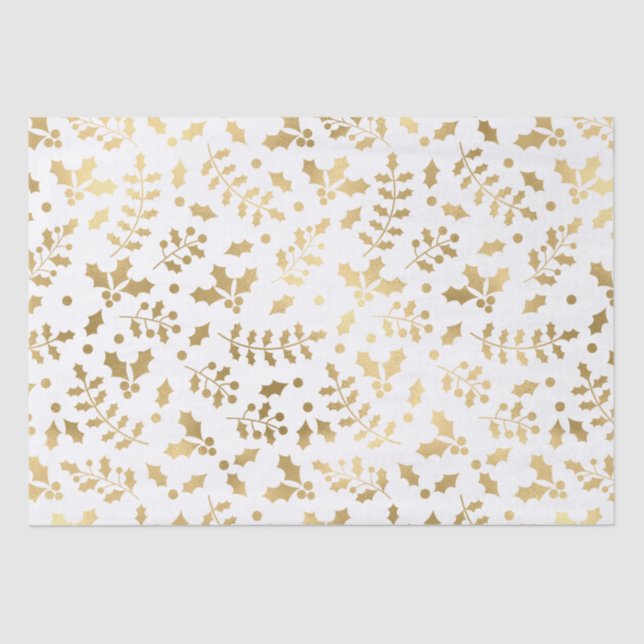 Papel De Seda Azevinho de Natal em Folha de Ouro e Branco (Frente )