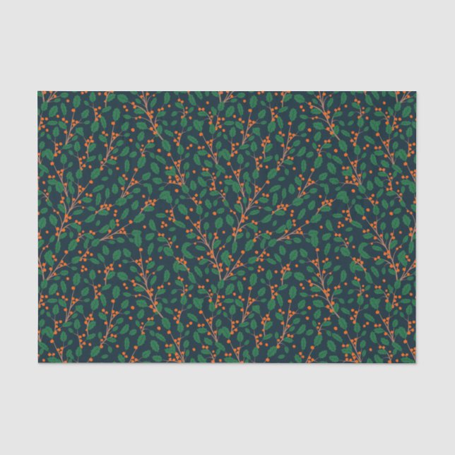 Papel De Seda Azevinho de Natal Verde Botânico Azul-Marinho (Frente )