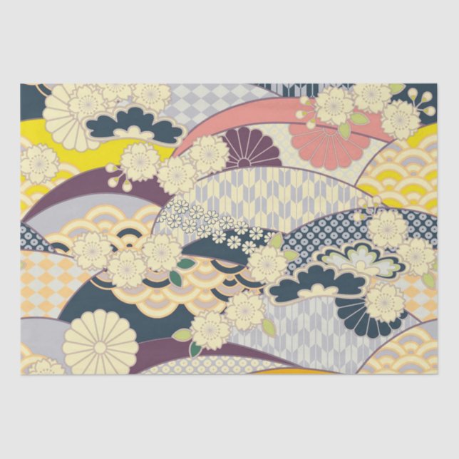Papel De Seda Azul Amarelo Branco Japonês Kimono - Dissociação F (Frente )