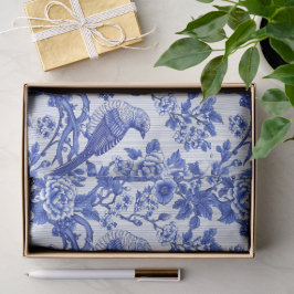 Papel De Seda Azul Chinoiserie Monograma Floral de Pássaro