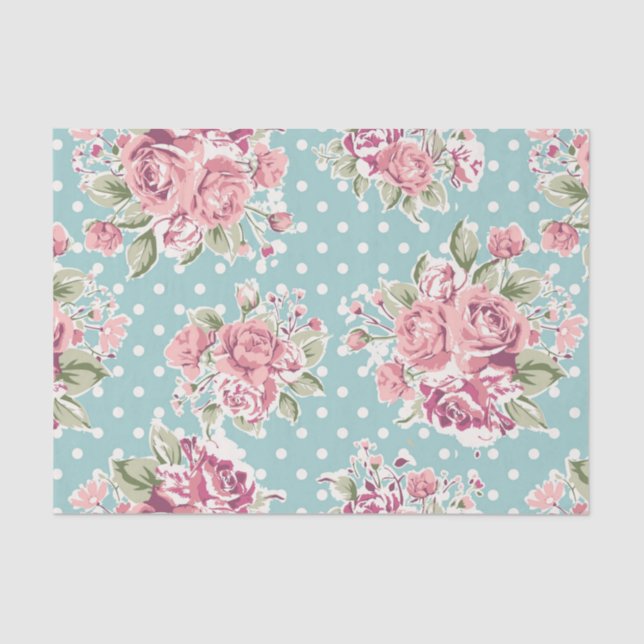 Papel De Seda Azul, chique, branco das bolinhas, rosa floral, (Frente )