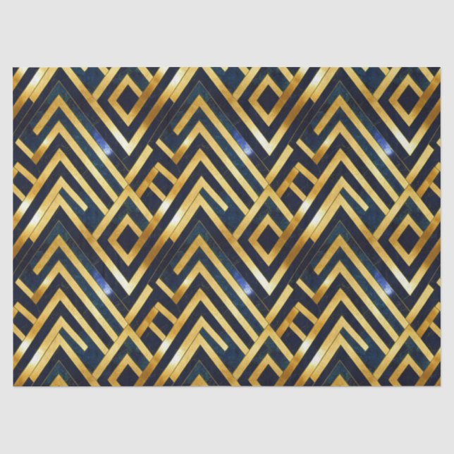 Papel De Seda Azul Cobalto e Ouro Padrão de Mármore Art Déco (Frente )