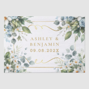 Papel De Seda Azul e Dourado Floral Rústico Aquarela Elegante