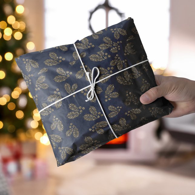 Papel De Seda Azul e ouro Holly Berry Natal (Blue and gold Holly Berry Christmas Tissue Paper)