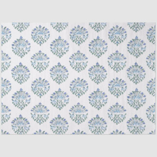 Papel De Seda Azul e Verde Floral à Mão, Marfim