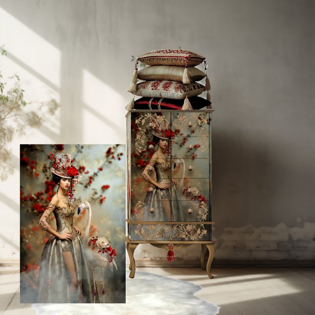 Papel De Seda Azul Empoeirado e Floral Vermelho, Arte de Retrato (Fashionista & Flamingo, Vibrant Portrait Art. Light Silver Blue & Red Blossom, Digital Mixed Media.)