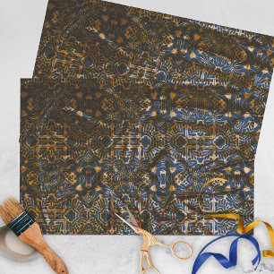 Papel De Seda Azul Escuro Elegante e Dourado Damasco Texturizado