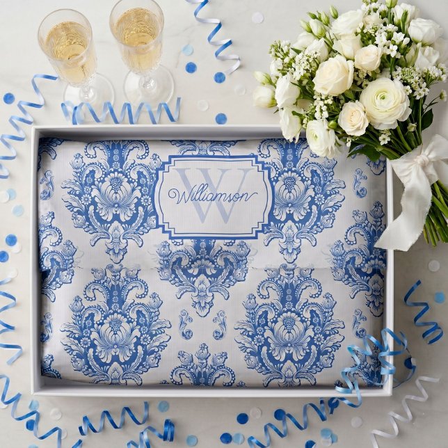 Papel De Seda Azul Francês Toile Padrão Nome Monograma (Criador carregado)
