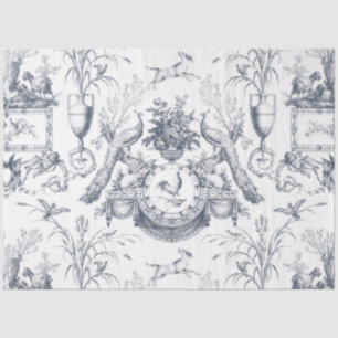 Papel De Seda Azul Francês Vintage Branco Toile Pavão Botânico
