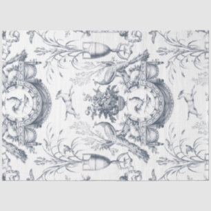 Papel De Seda Azul Francês Vintage Branco Toile Pavões Aves Faze
