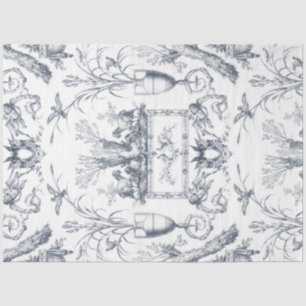 Papel De Seda Azul Francês Vintage Toile Pavão Botânico Fazenda