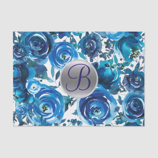 Papel De Seda Azul Indigo Floral Monograma - Letra Inicial (Frente )