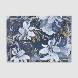Papel De Seda Azul Marinho e Dourado Floral Aquarelado Elegante 