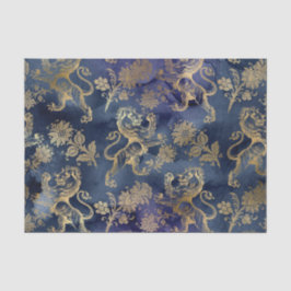 Papel De Seda Azul Marinho e Leão Floral Dourado