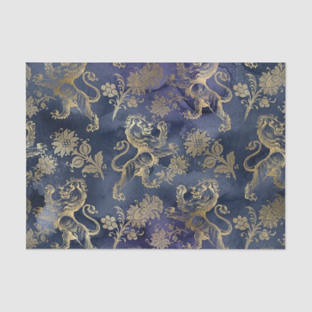 Papel De Seda Azul Marinho e Leão Floral Dourado (Frente )