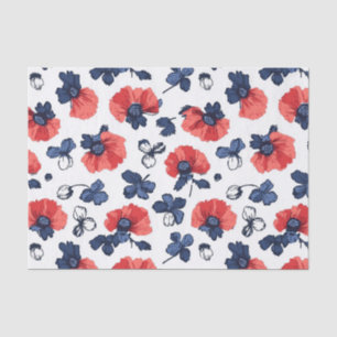 Papel De Seda Azul Marinho & Papoula Coral Floral Vintage
