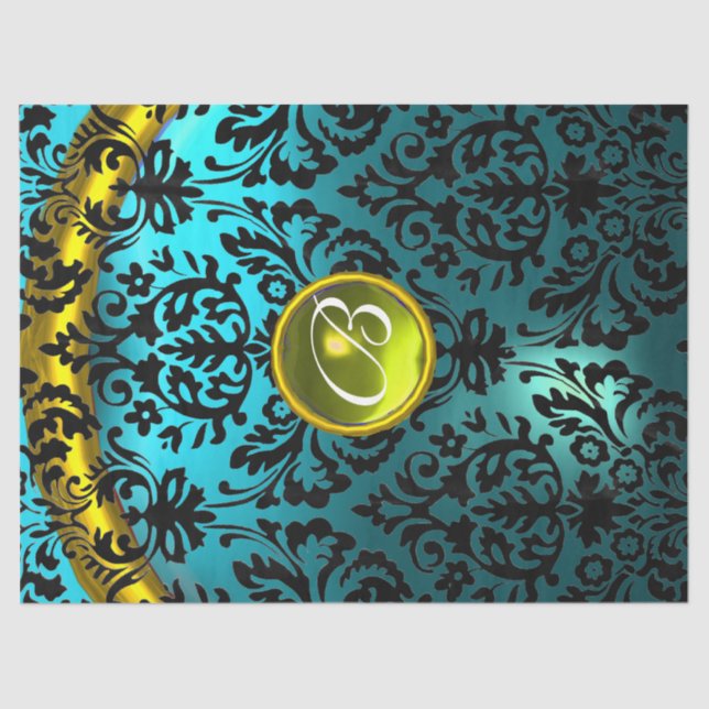 PAPEL DE SEDA AZUL NEGRO DAMASK AMARELO GEMSTONE MONOGRAMA (Frente )
