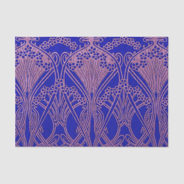 Papel De Seda Azul real, padrão Art nouveau, roxo real, flora (Frente )