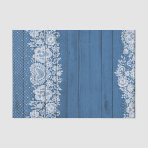 Papel De Seda Azul Rústico Madeira & Branco Renda Rústico Farmho