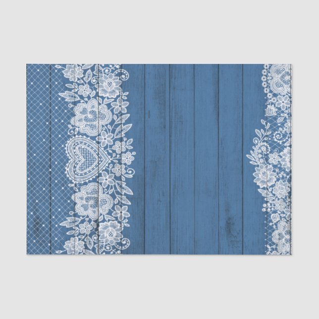 Papel De Seda Azul Rústico Madeira & Branco Renda Rústico Farmho (Frente )