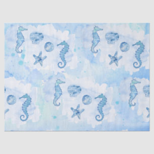 Papel De Seda Azul, Starfish Conchas do mar Aquarela Lavagem de