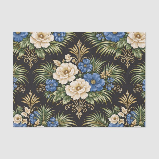Papel De Seda Azul Tropical Palma Floral (Frente )