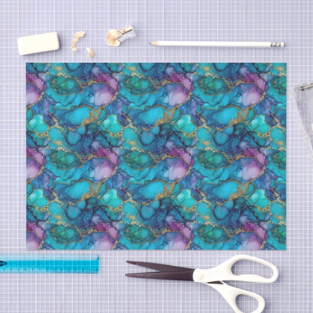 Papel De Seda Azul Turquesa Roxo Verde Dourado Decoupage Aquarel (Arte )