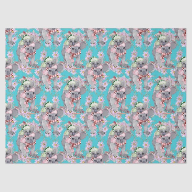 Papel De Seda Azul-Vintage Botânico Koala Christmas (Frente )