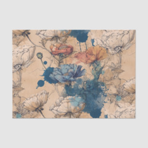 Papel De Seda Azul Vintage & Floral Coral