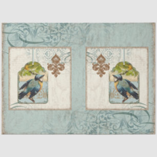 Papel De Seda Azul Vintage Pássaro Francês Fleur de Lis Decoupag