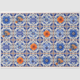 Papel De Seda Azulejo azul com flores laranja desligado