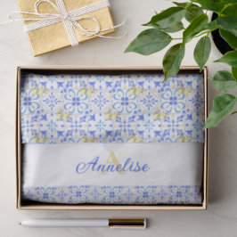 Papel De Seda Azulejo Azul Francês País Padrão de Limão Monogram