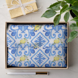 Papel De Seda Azulejo Azul Limão Amarelo 