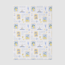 Papel De Seda Azulejo Azul Mediterrâneo Limão Amarelo Costeiro